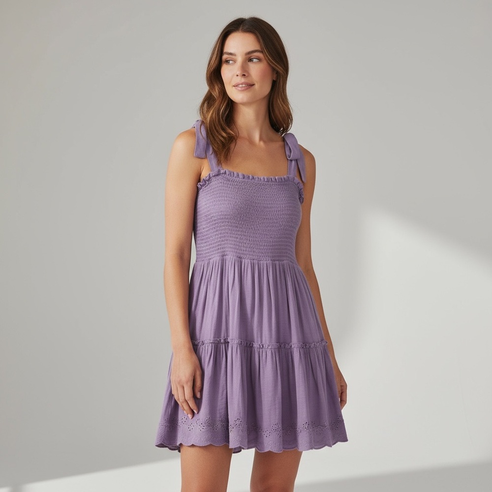 Smocked Tie-Shoulder Mini Dress in Lavender